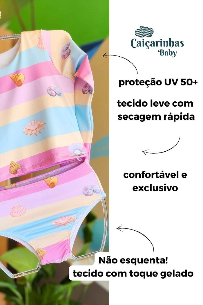 Biquíni Infantil Cropped Manga Longa e Calcinha Alta Rosa Conchas do mar