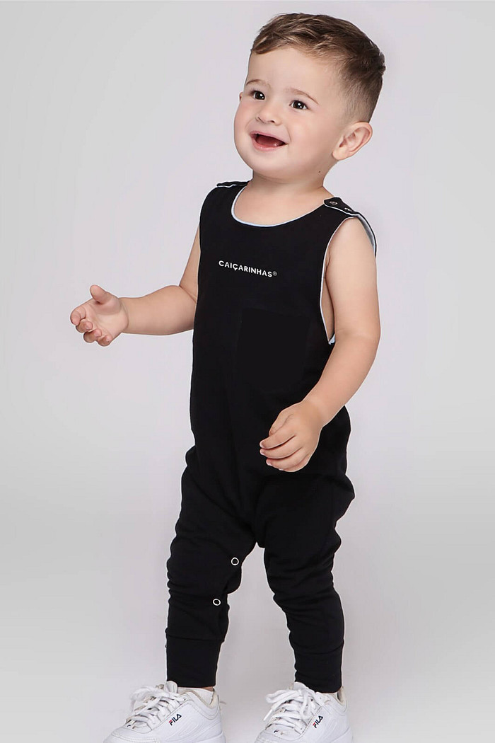 Macacão Bebê Regata Longo Preto Básico Caiçarinhas