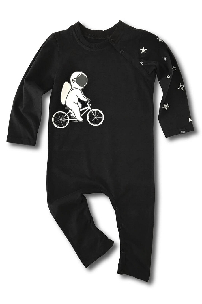 Macacão Bebê Longo Manga Longa Algodão Sustentável Confortável Preto Astro Bike