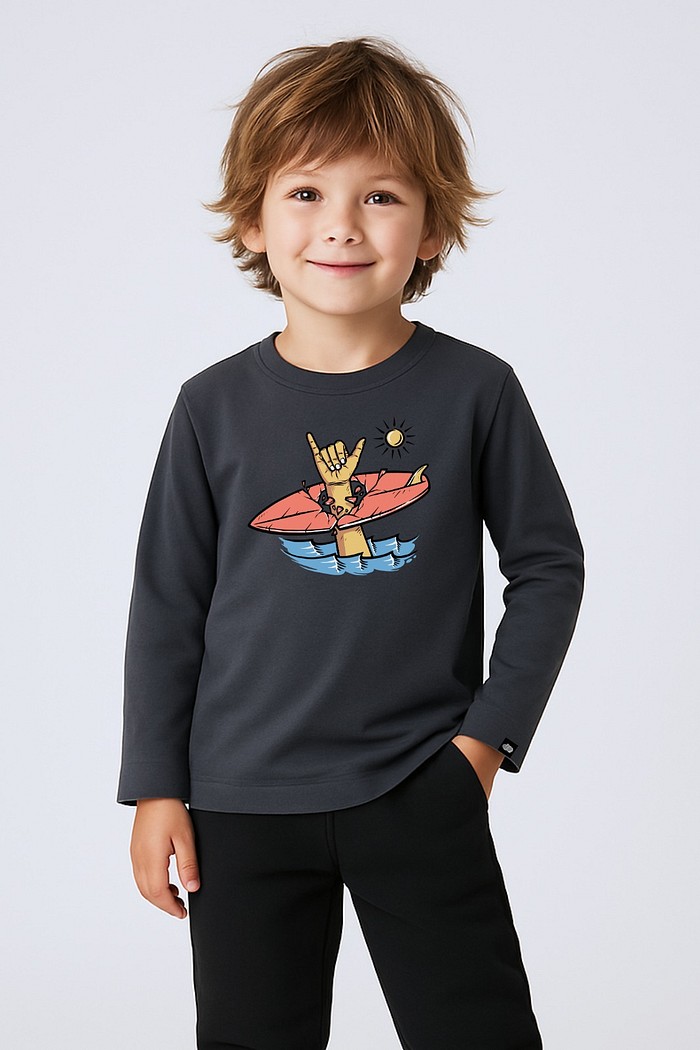 Camiseta Infantil Manga Longa Algodão Toque Macio Cinza Surf Yeah