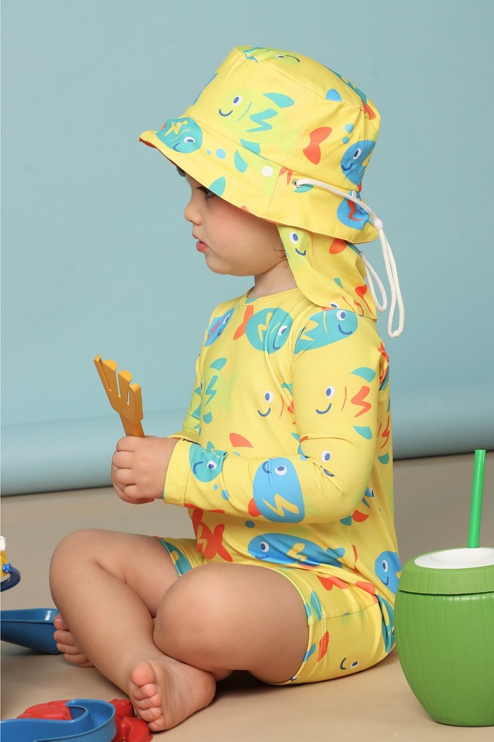 Kit Peixinhos Unissex Macacão e Chapéu com proteção solar UV50+