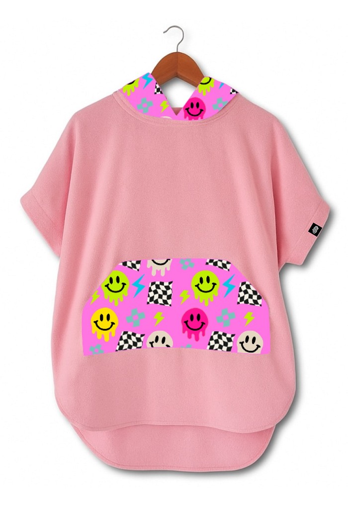 Roupão Poncho Infantil Com Capuz 100% Algodão Atoalhado Super Secagem Proteção UV50+ Rosa Smiles