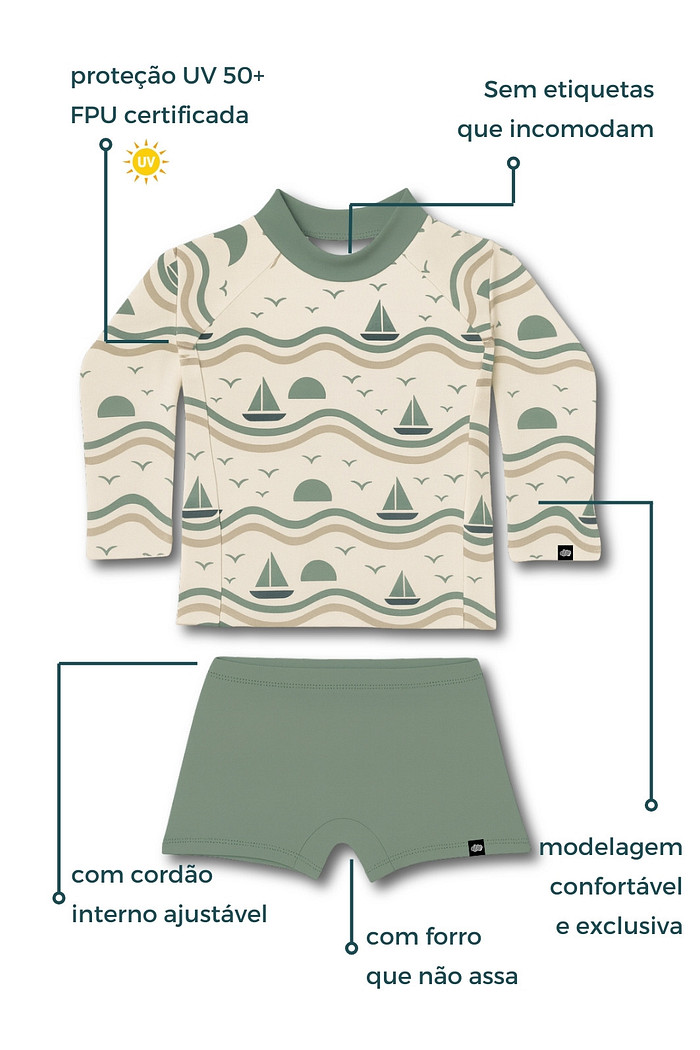 Camisa + Sunga Proteção UV50+ Confortável Bege Barquinhos