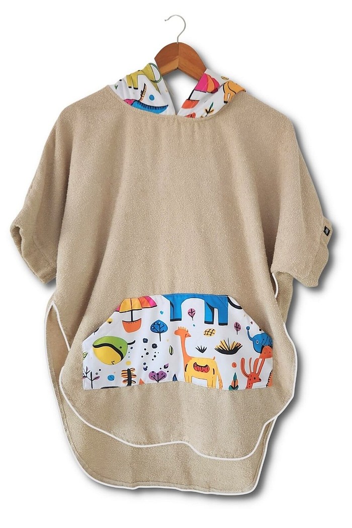 Roupão Poncho infantil 100% algodão Areia Animais off white
