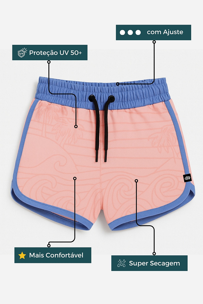 Short Infantil Boleado Tactel com ajuste na cintura UV 50+ Rosa com Azul Beach On
