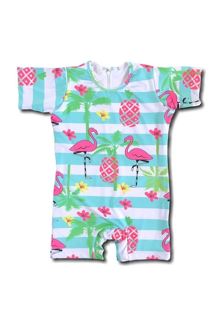 Macacão Praia Bebê Proteção Solar UV 50+ Manga Curta Flamingos