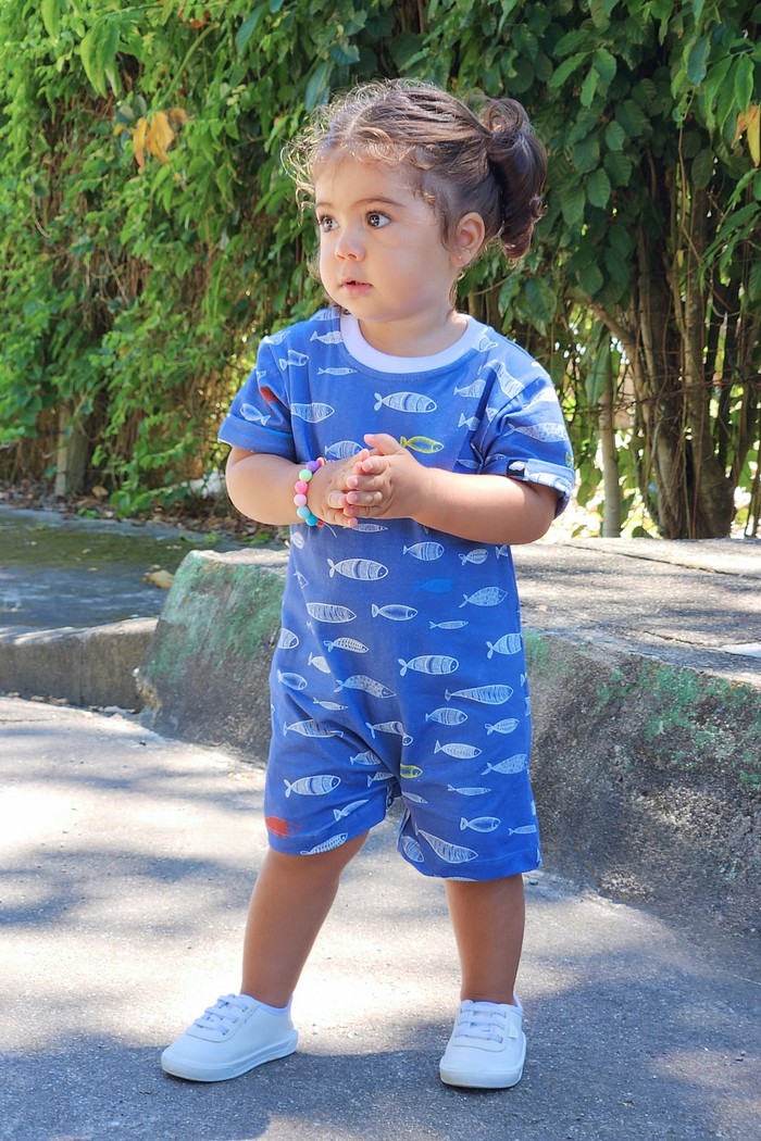 Macacão Bebê Curto Manga Curta Fácil Vestir em Algodão Premium Oceano Azul