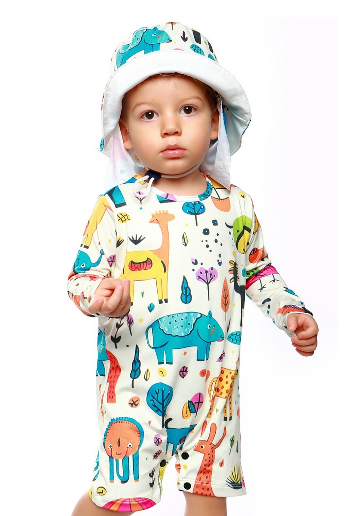 Macacão Praia Bebê Proteção Solar UV 50+ Manga Longa Off White Animais Abstratos