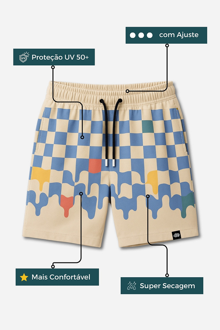 Short Infantil Tactel com ajuste na cintura UV 50+ Off White com Azul Quadriculados