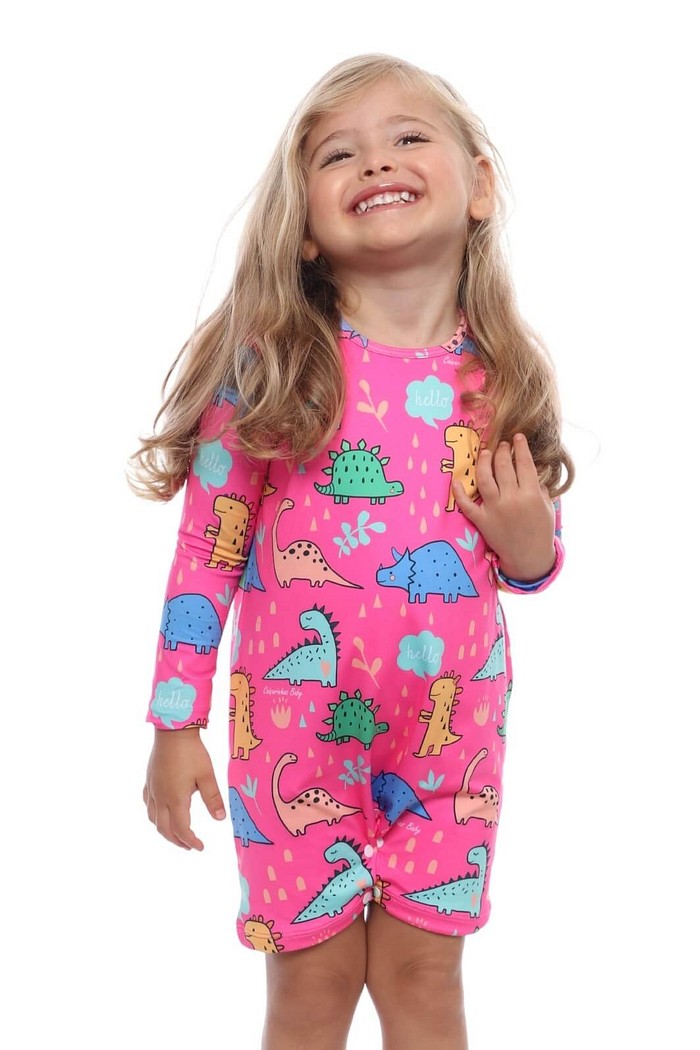 Macacão Praia Bebê Proteção Solar UV 50+ Manga Longa Rosa Dino