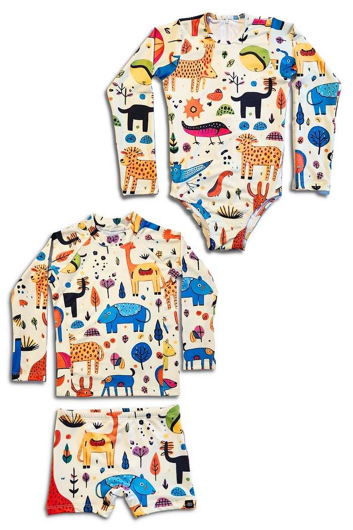 Kit Menino Menina Proteção Solar UV50+ Conjunto de Camiseta e Sunga e Maiô Animais Abstratos Off White