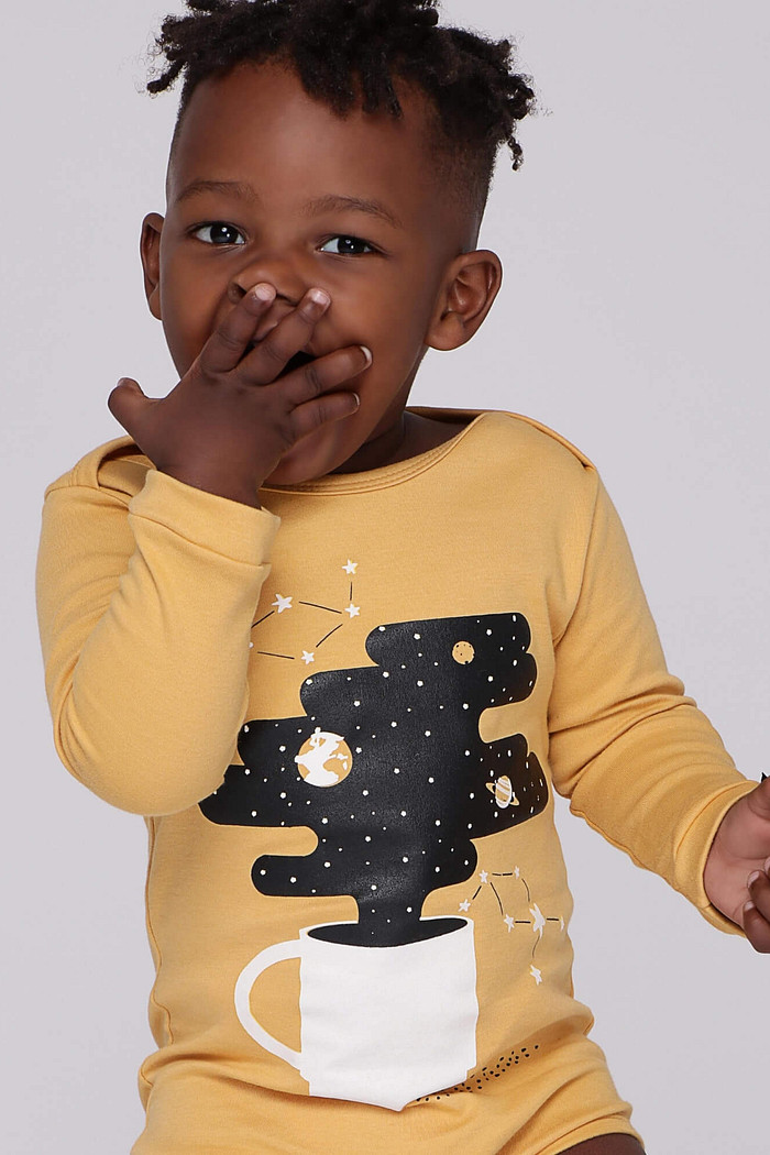 Body Bebê Manga Longa Amarelo Xícara Algodão Sustentável Macio
