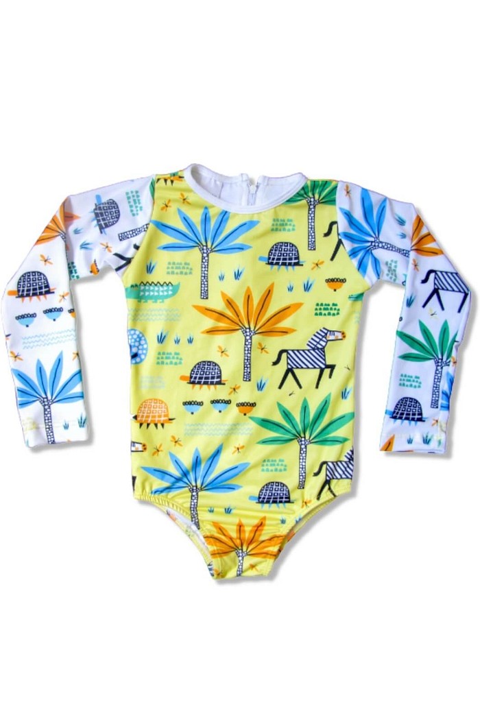 Maiô Infantil Proteção Solar UV 50+ Manga Longa e Zíper nas Costas Amarelo Safari