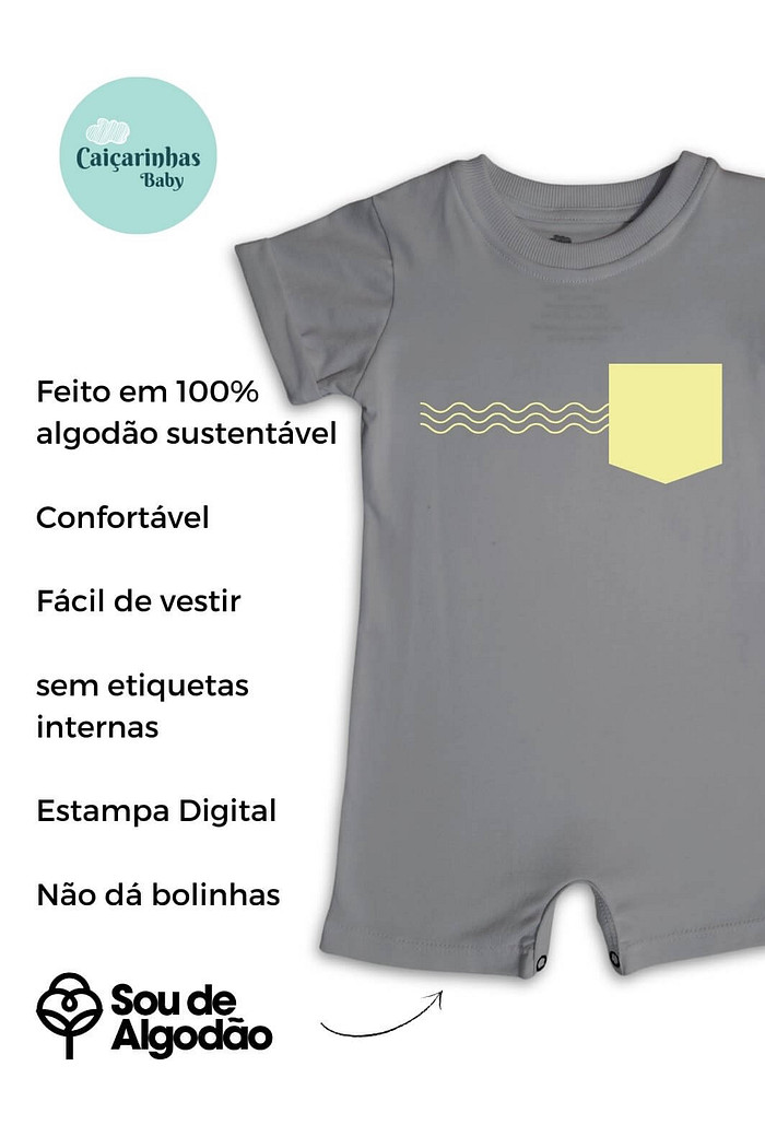 Macacão Bebê Curto Manga Curta Cinza Bolso ondas estampado