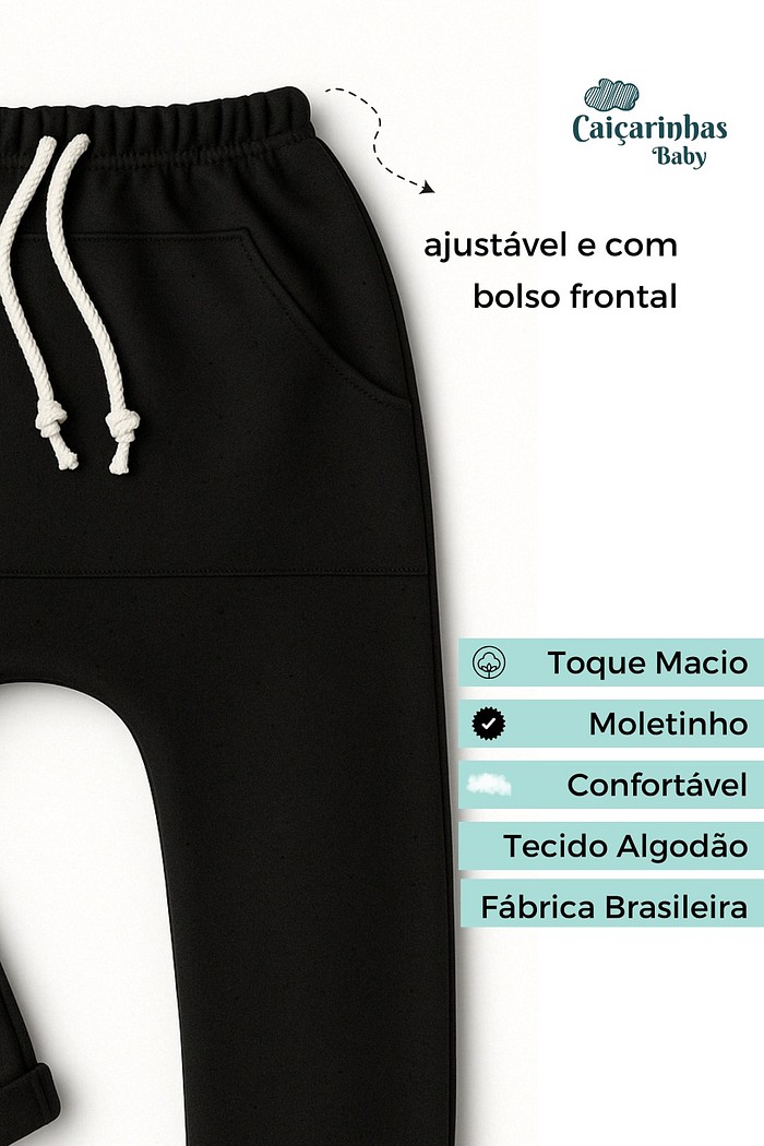 Calça Infantil Saruel Preta com ajuste na cintura, bolso frontal em moletinho