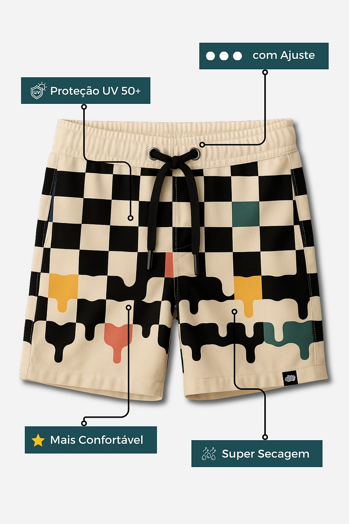 Short Infantil Tactel com ajuste na cintura UV 50+ Off White e Preto Quadriculados