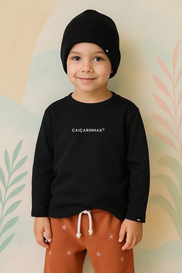 Camiseta Infantil Manga Longa Preto Caiçarinhas Cotton Sustentável