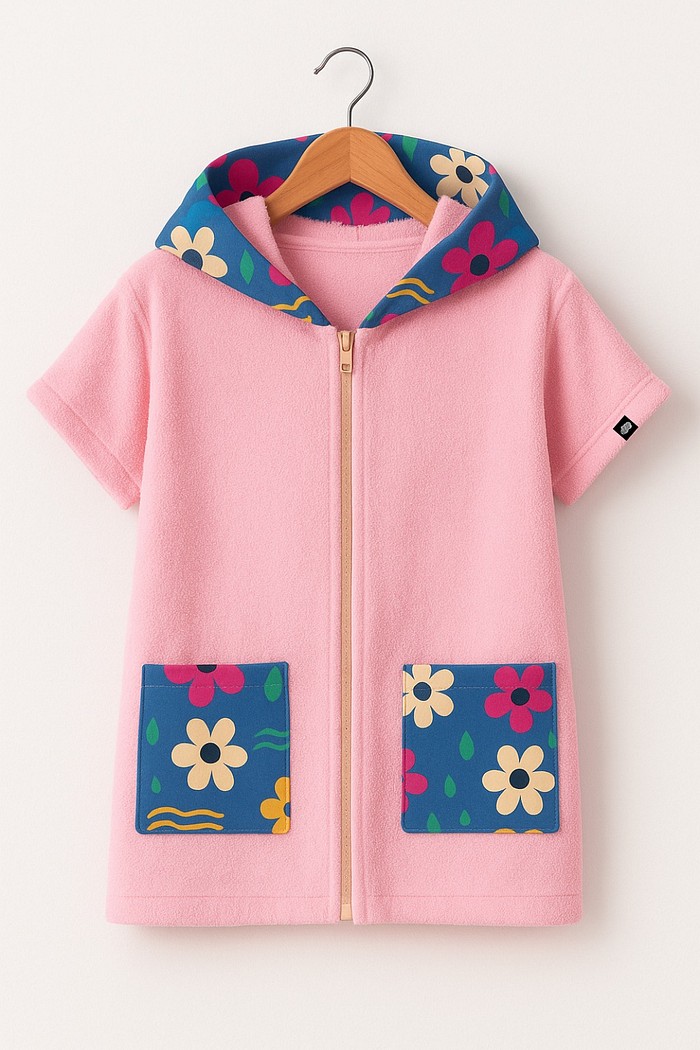 Roupão Infantil Com Capuz 100% Algodão Atoalhado Super Secagem Proteção UV50+ Rosa Dona Flor