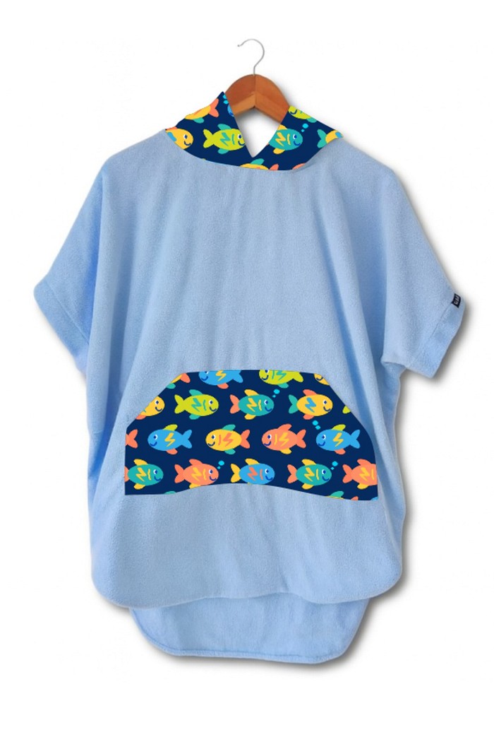 Roupão Poncho Infantil Com Capuz 100% Algodão Atoalhado Super Secagem Proteção UV50+ Azul Peixinhos