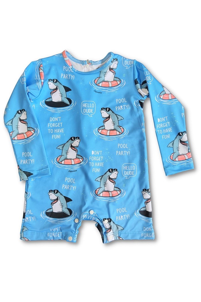 Macacão Praia Bebê Proteção Solar UV 50+ Manga Longa Azul Tubarão