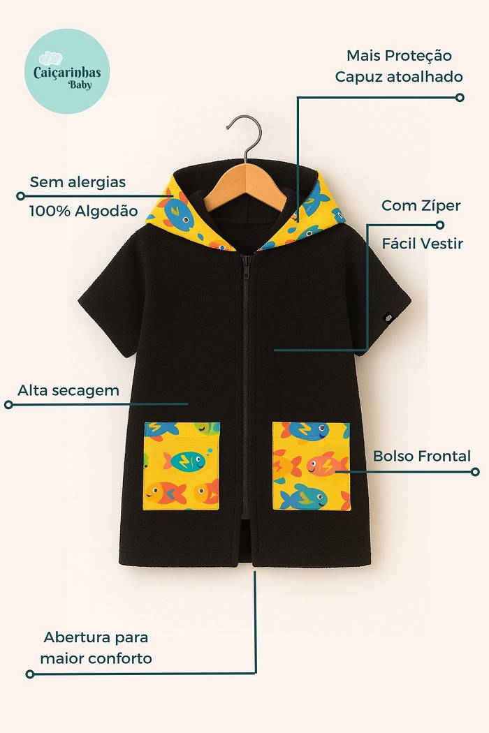 Roupão Infantil Com Capuz 100% Algodão Atoalhado Super Secagem Proteção UV50+ Preto Peixinhos Amarelos