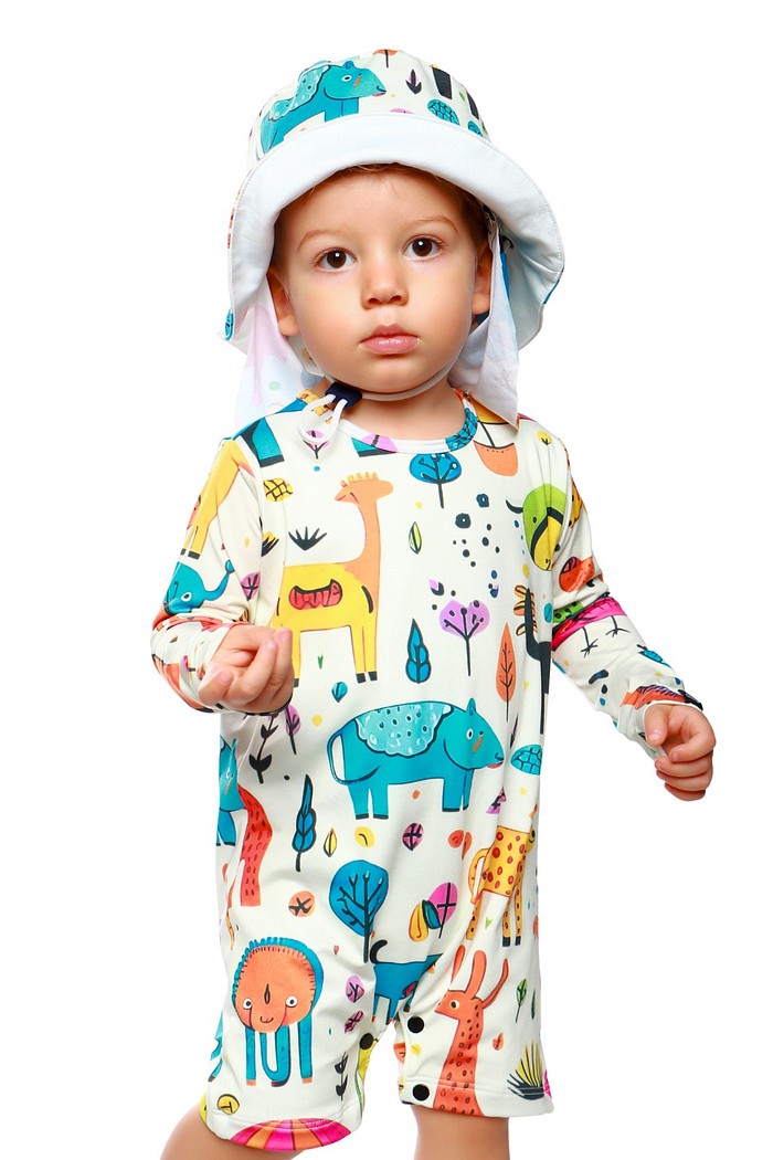 Kit Macacão Uv 50+ Animais Off White + chapéu dupla face