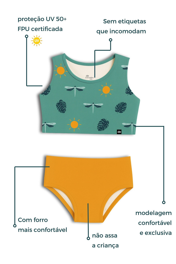 Cropped Regata e Calcinha Alta Proteção UV50+ Verde Libélulas