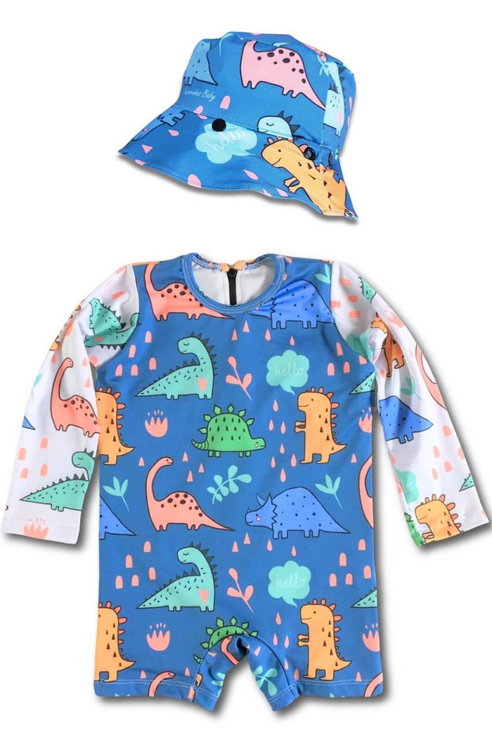 Kit Preferido Dinossauro azul Macacão e chapéu com proteção UV 50+
