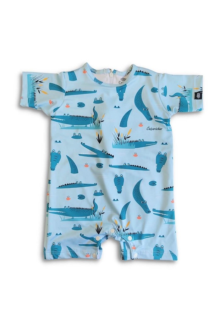 Macacão Praia Bebê Proteção Solar UV 50+ Manga Curta Azul Jacaré