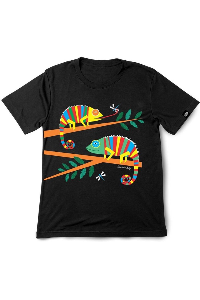 Camiseta Infantil Manga Curta Algodão Sustentável Exclusiva Preta Camaleões