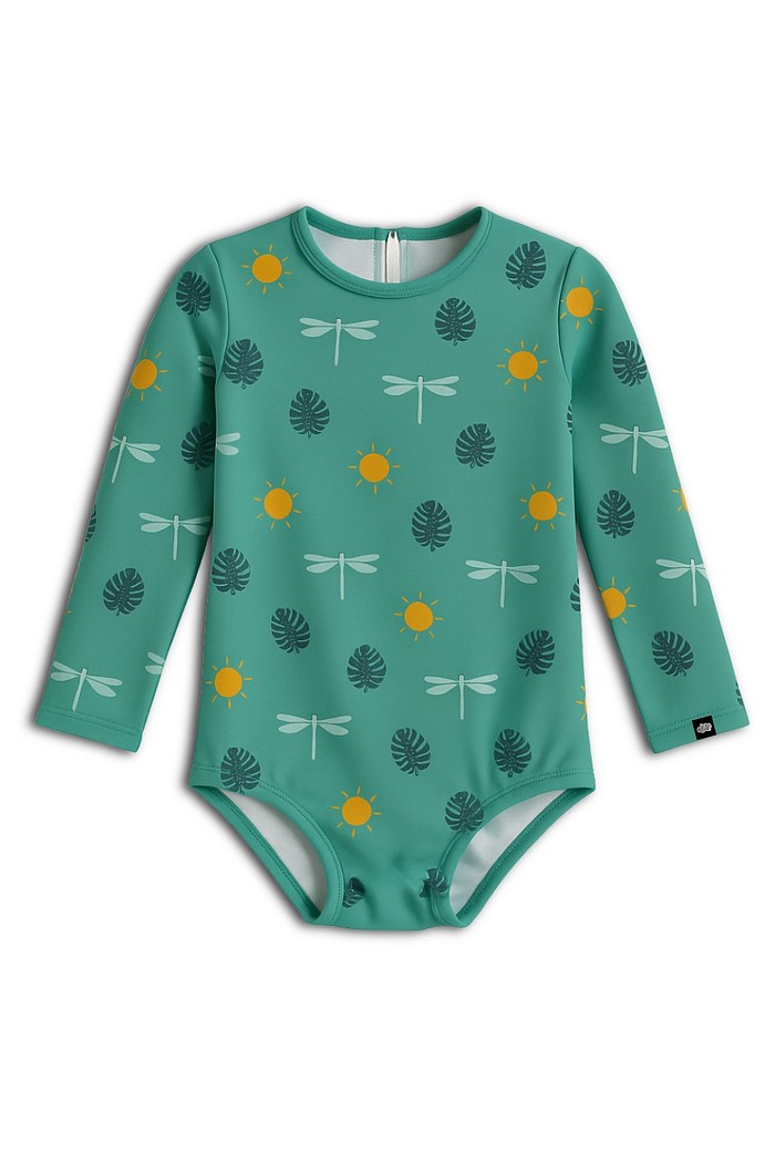 Maiô Manga Longa Proteção UV50+ Confortável Verde Libélulas