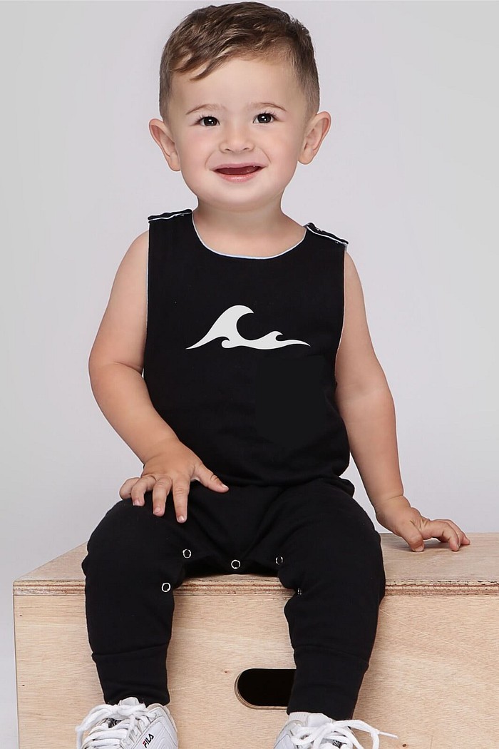 Macacão Bebê Regata Longo Preto Onda