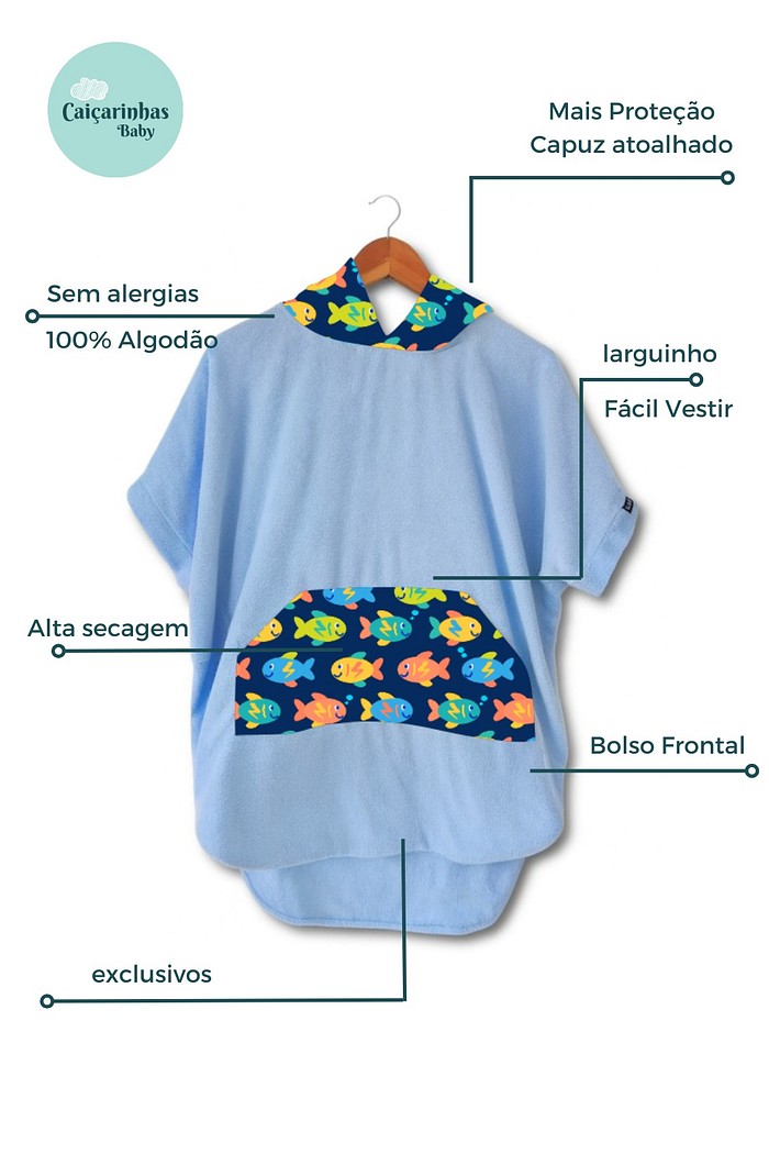 Roupão Poncho Infantil Com Capuz 100% Algodão Atoalhado Super Secagem Proteção UV50+ Azul Peixinhos