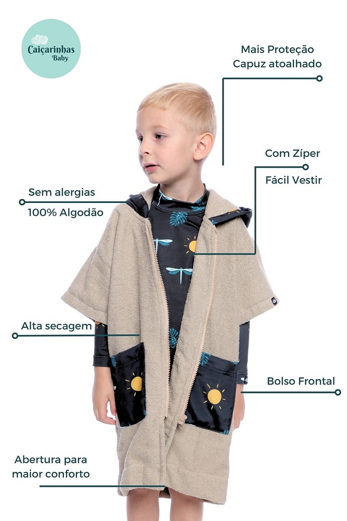 Roupão Infantil Com Capuz 100% Algodão Atoalhado Super Secagem Proteção UV50+ Preto Libélulas
