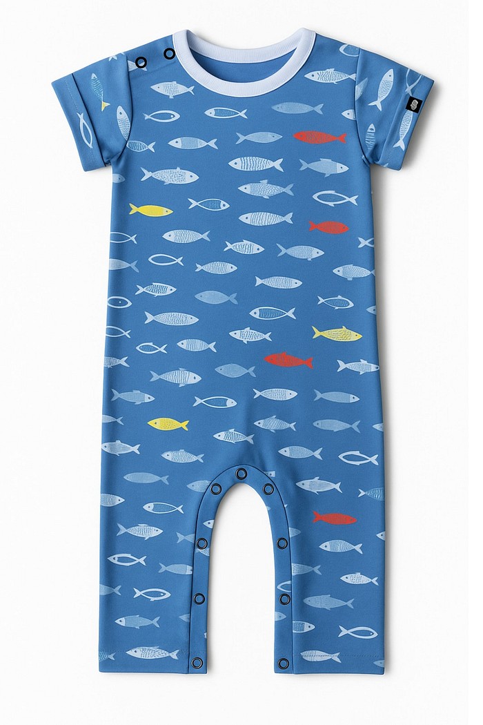 Macacão Bebê Longo Manga Curta Algodão Flexível Fácil Vestir Oceano Azul