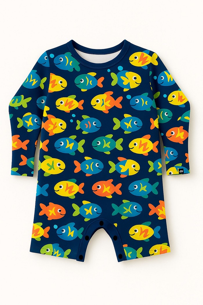 Macacão Praia Bebê Proteção Solar UV 50+ Manga Longa Azul Peixinhos