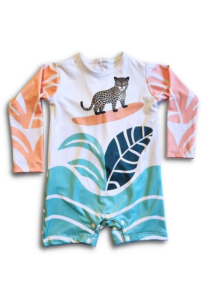 Macacão Praia Bebê Proteção Solar UV 50+ Manga Longa Off White Onça Surfista