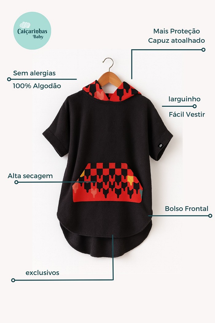 Roupão Poncho Infantil Com Capuz 100% Algodão Atoalhado Super Secagem Proteção UV50+ Preto e Vermelho Quadriculados