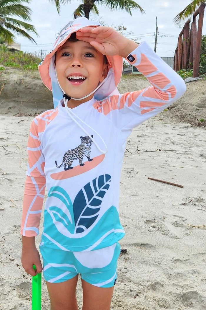 Camisa Proteção Uv 50+ Infantil + Sunga Branco Onça Surfista