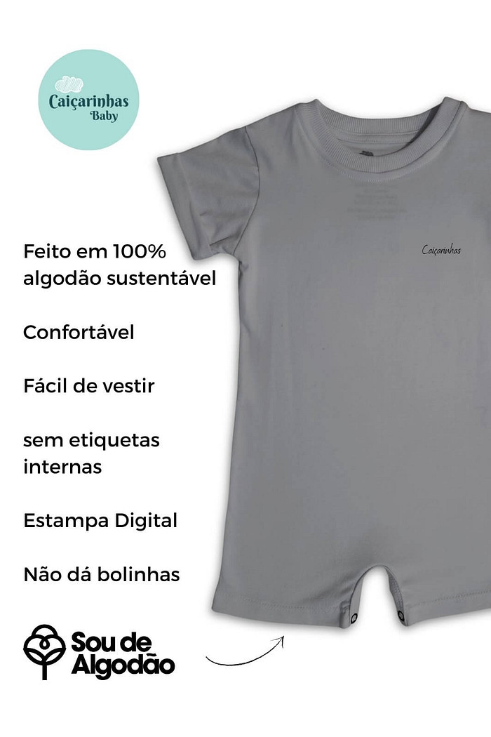 Macacão Bebê Curto Algodão Sustentável Cinza Bolso Minimalista estampado