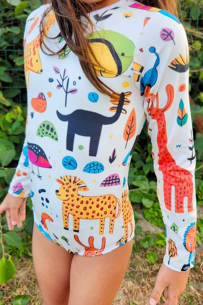 Maiô Infantil Proteção Solar UV 50+ Manga Longa e Zíper nas Costas Off White Animais