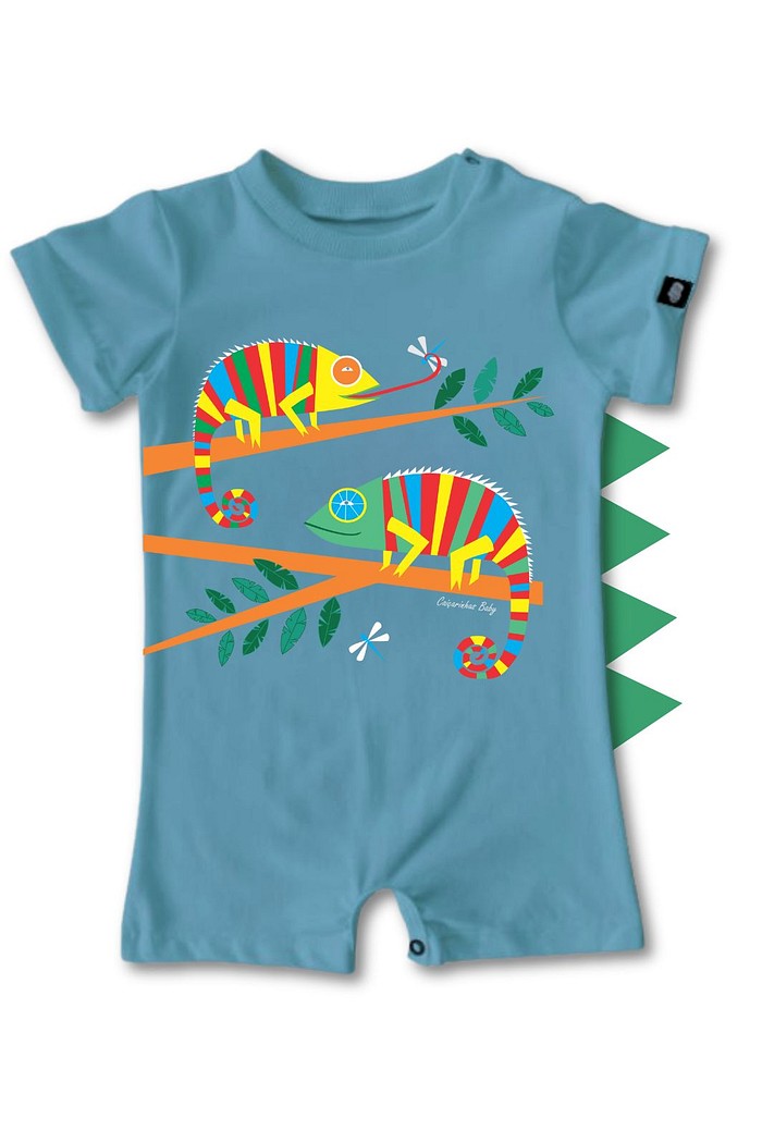 Macacão Bebê Curto Algodão Sustentável Fácil de Vestir Azul Camaleões