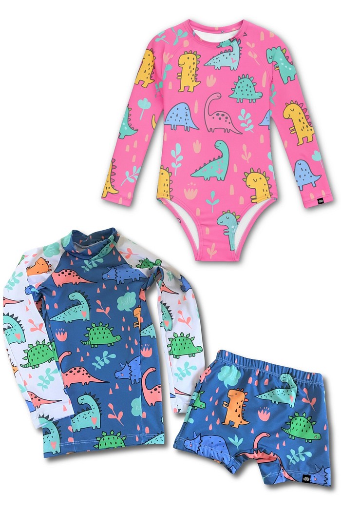 Kit Dinossauros Menino e Menina Proteção UV50+ Camiseta e Sunga e Maiô