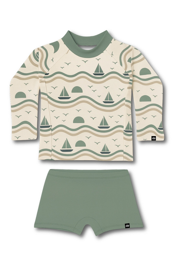 Camisa + Sunga Proteção UV50+ Confortável Bege Barquinhos