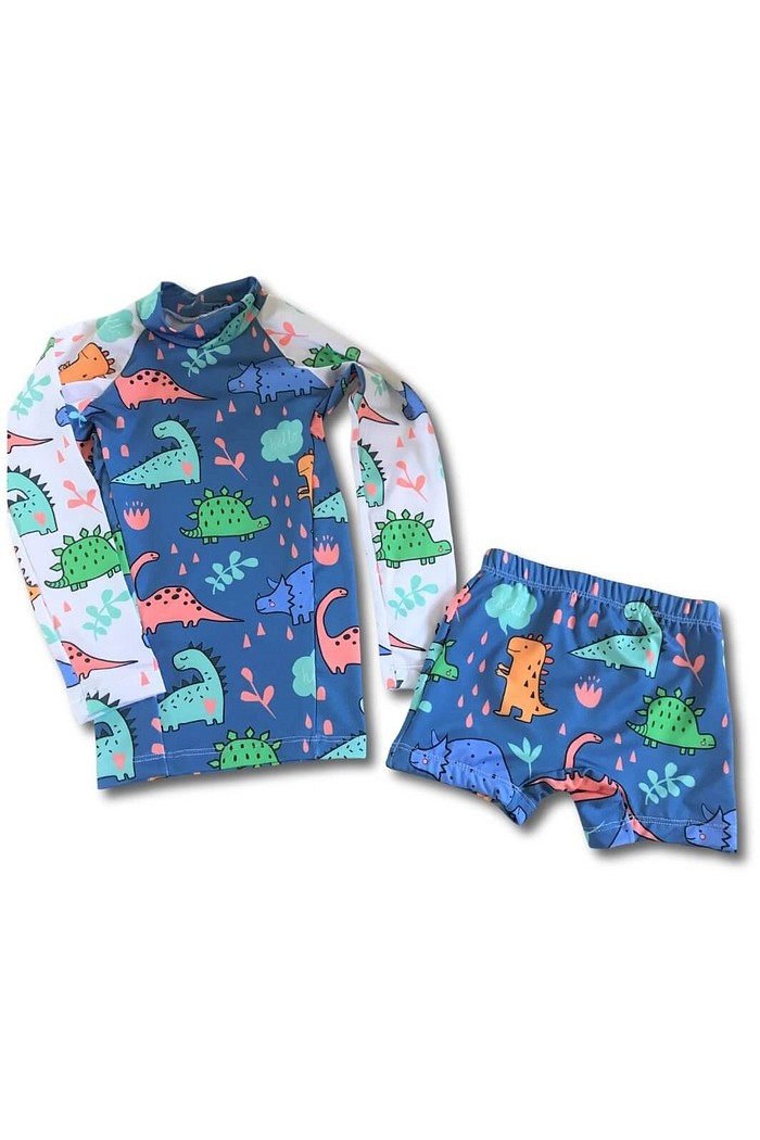 Camisa Proteção Uv 50+ Infantil + Sunga Azul Dinossauros