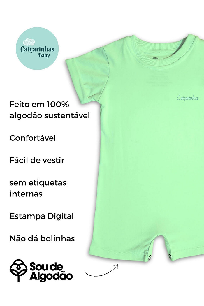 Macacão Bebê Curto Algodão Sustentável Verde Minimalista Caiçarinhas