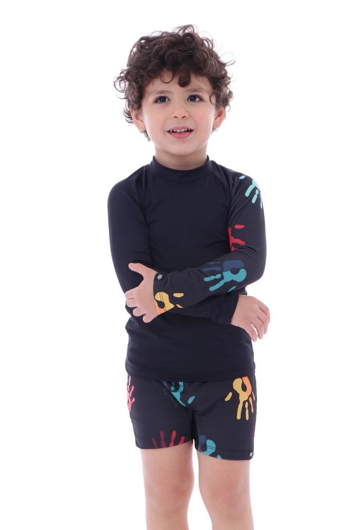 Camisa Proteção Uv 50+ Infantil + Sunga Preto Mãozinhas