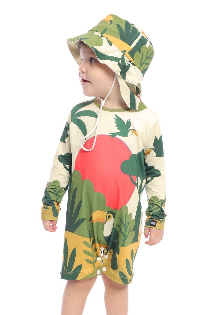 Macacão Praia Bebê Proteção Solar UV 50+ Manga Longa Off White Selva