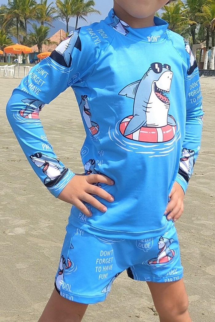 Camisa Proteção Uv 50+ Infantil + Sunga Azul Tubarão Relax