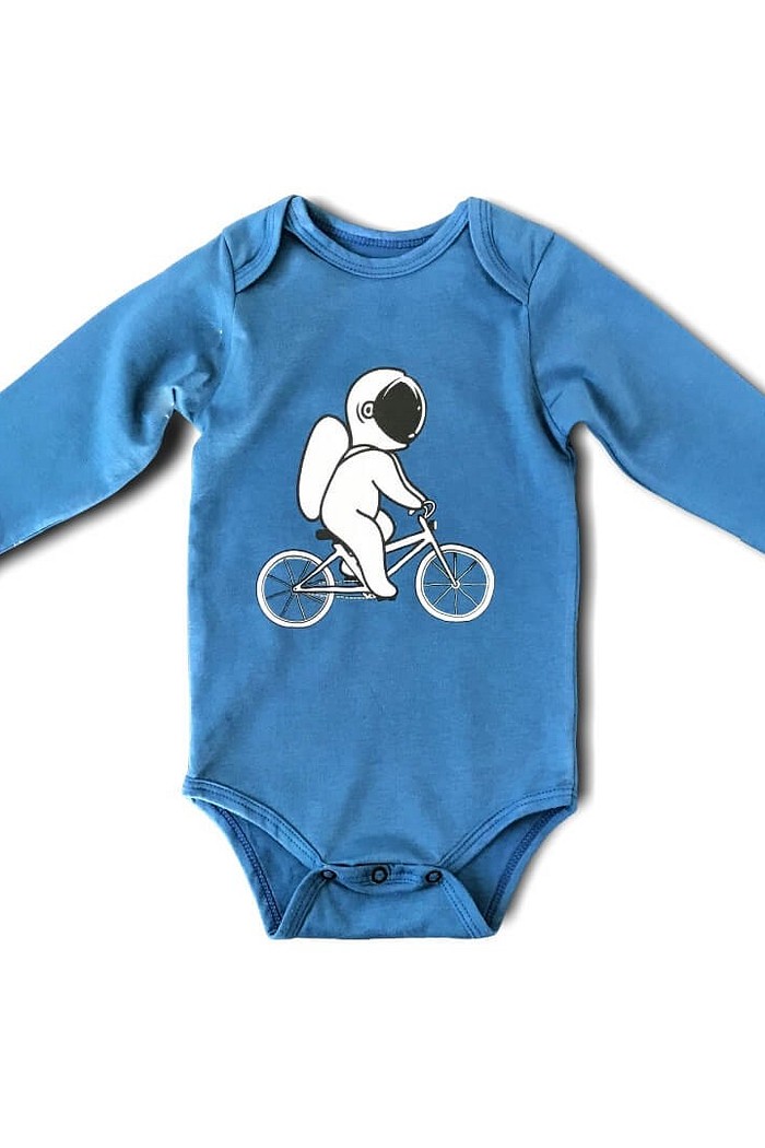 Body Bebê Manga Longa Azul Astronauta Algodão Sustentável Macio